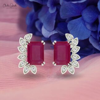 Statement Push Back Stud With 2 Ct Burma Ruby And Diamond 14k Solid Gold Women Earrings