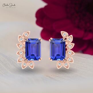 Dainty Solid 14k Gold Statement Earrings Genuine 2ct Tanzanite & Round Diamond Studs