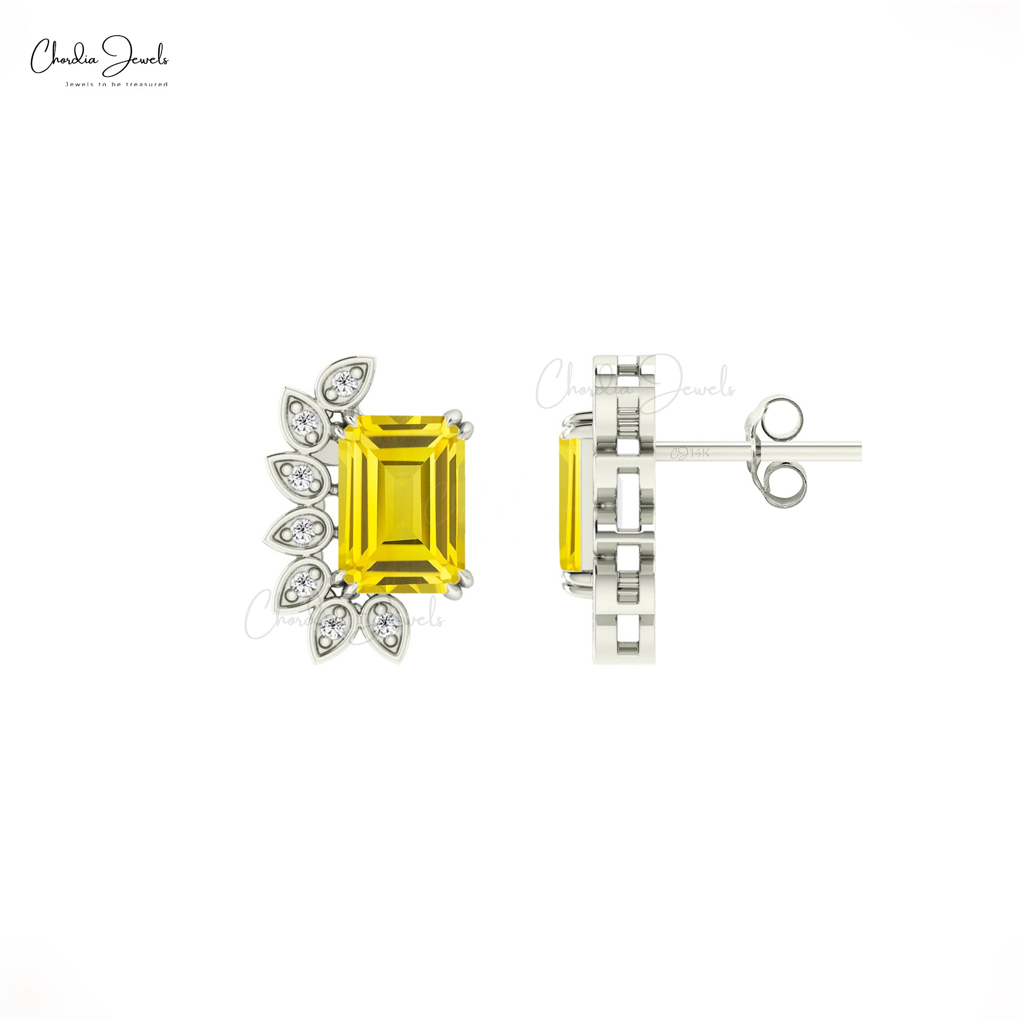 Yellow Sapphire Gemstone 14k Pure Gold Diamond Push Back Statement Studs For Her