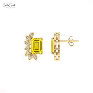 Yellow Sapphire Gemstone 14k Pure Gold Diamond Push Back Statement Studs For Her