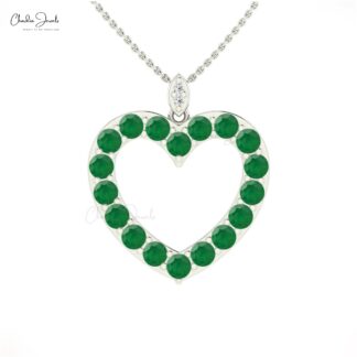 Hollow Heart Love Pendant With 3.5mm Emerald And Pave Diamond Necklace In 14k Real Gold