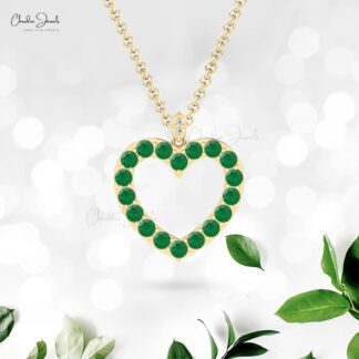 Hollow Heart Love Pendant With 3.5mm Emerald And Pave Diamond Necklace In 14k Real Gold