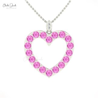 Solid 14k Gold Heart Pendant With 3.5mm Pink Sapphire And Diamond Women Necklace
