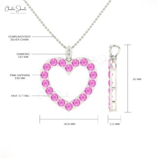 Solid 14k Gold Heart Pendant With 3.5mm Pink Sapphire And Diamond Women Necklace