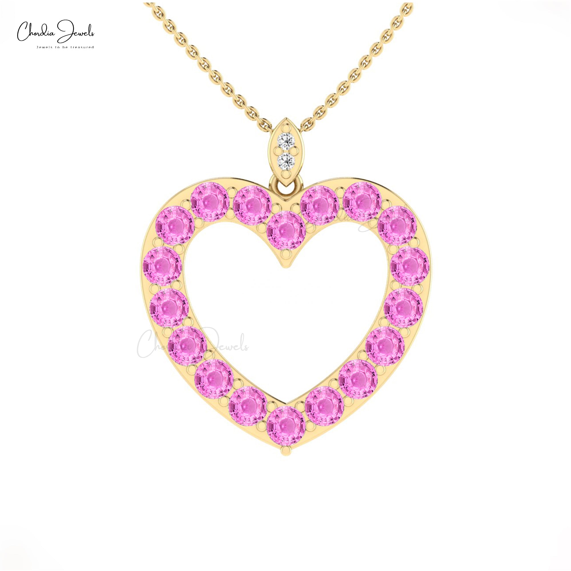 Solid 14k Gold Heart Pendant With 3.5mm Pink Sapphire And Diamond Women Necklace