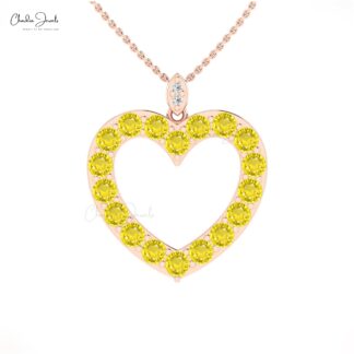 Dangle Open Heart Pendant With 3.06 Ct Yellow Sapphire And Diamond Necklace in 14k Gold