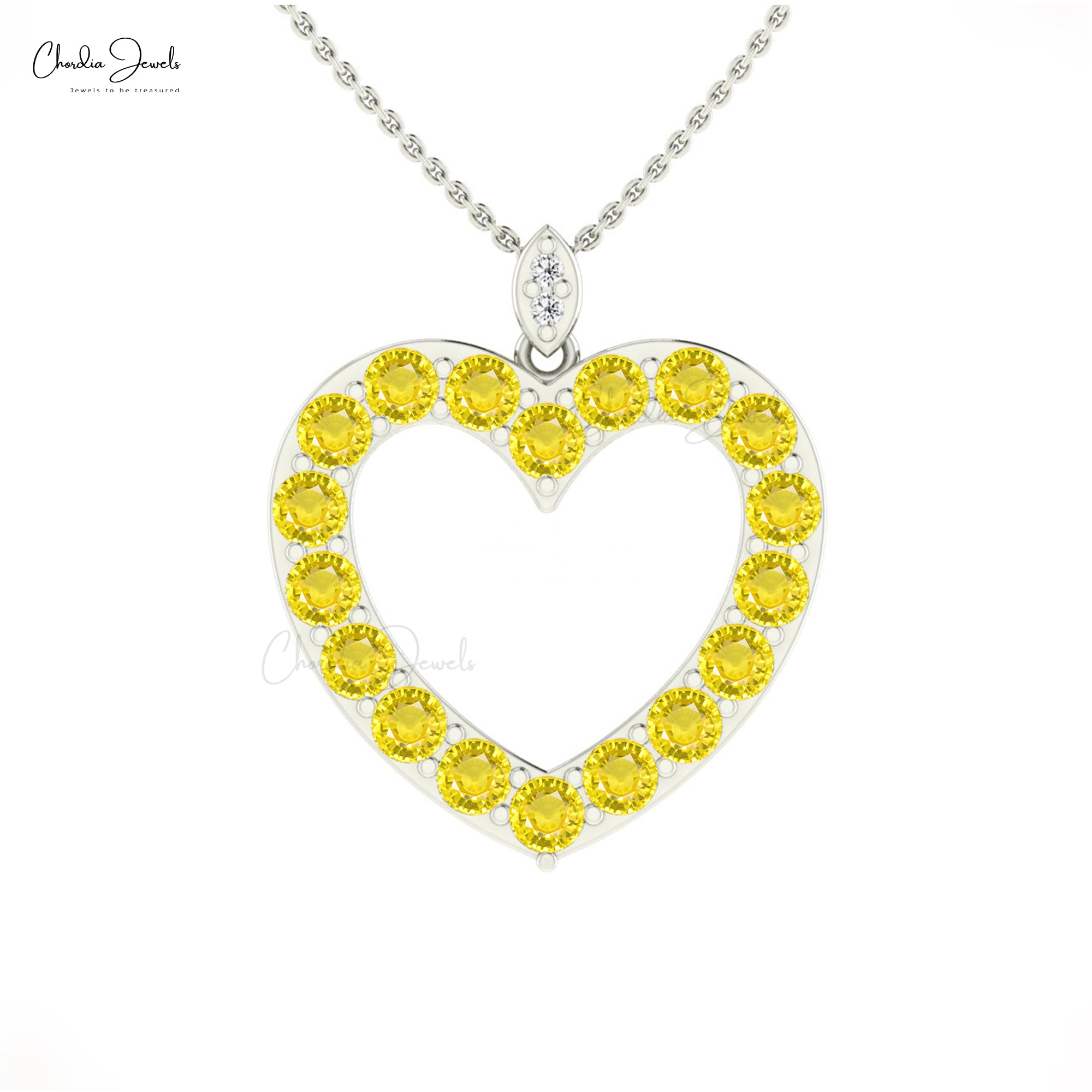 Dangle Open Heart Pendant With 3.06 Ct Yellow Sapphire And Diamond Necklace in 14k Gold