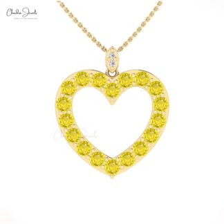 Dangle Open Heart Pendant With 3.06 Ct Yellow Sapphire And Diamond Necklace in 14k Gold
