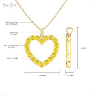 Dangle Open Heart Pendant With 3.06 Ct Yellow Sapphire And Diamond Necklace in 14k Gold
