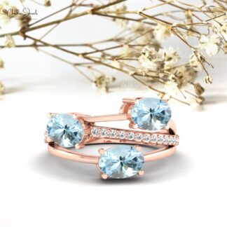 Oval Split Shank Ring In 14k Solid Gold With 2.16 Ct Aquamarine And Diamond Ring