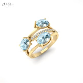 Oval Split Shank Ring In 14k Solid Gold With 2.16 Ct Aquamarine And Diamond Ring