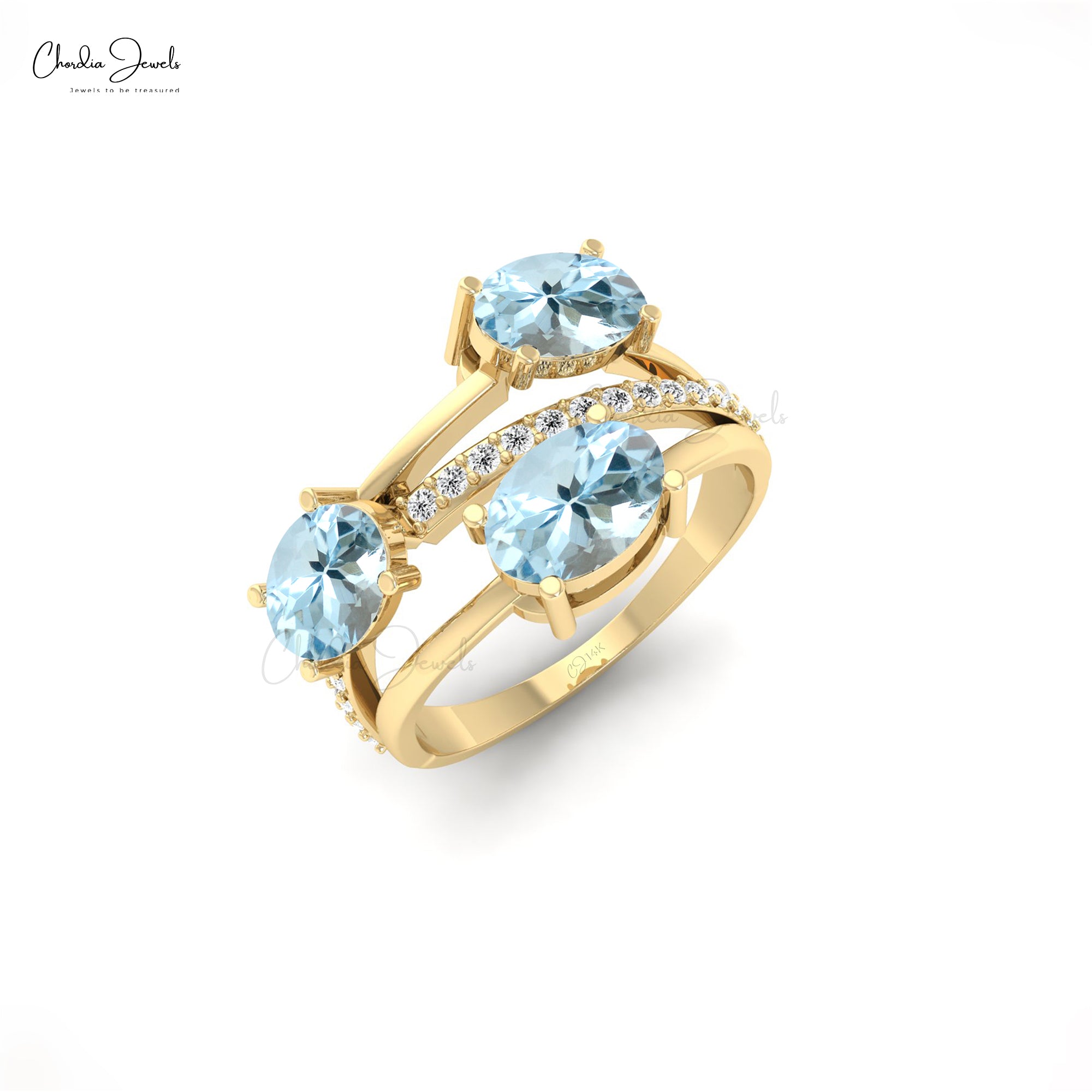 Oval Split Shank Ring In 14k Solid Gold With 2.16 Ct Aquamarine And Diamond Ring