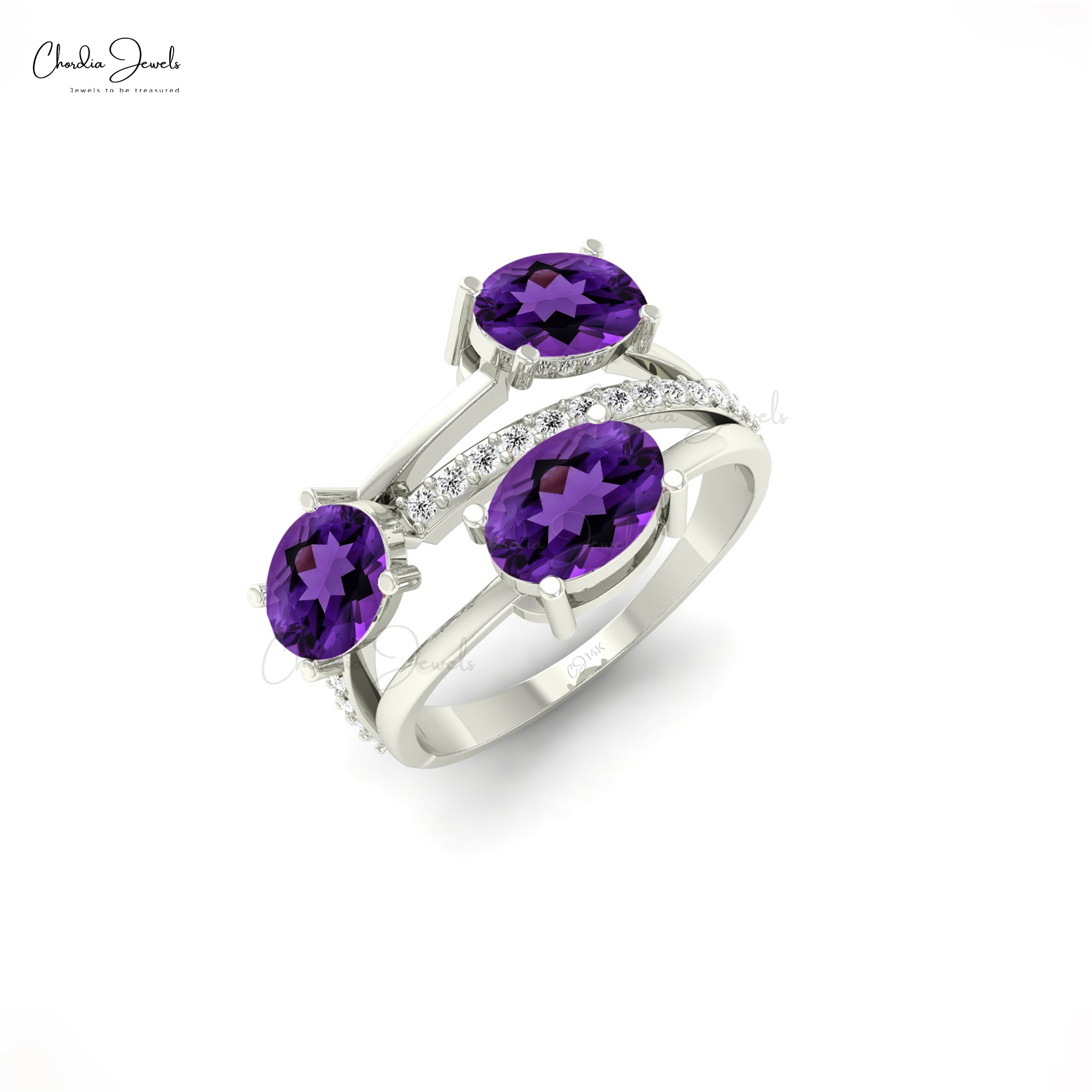 Crossover Wedding Ring In 14k Solid Gold Amethyst 2.16 Ct Oval Gemstone And Diamond Ring