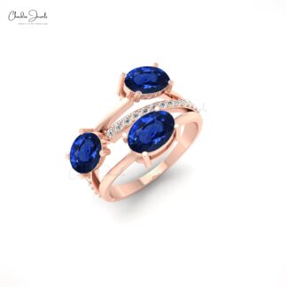 Split Shank Prong Set Ring With 7x5mm Blue Sapphire Gemstone And Diamond 14k Gold Ring