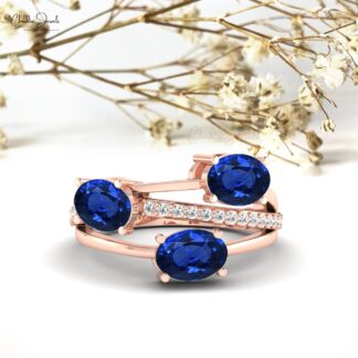 Split Shank Prong Set Ring With 7x5mm Blue Sapphire Gemstone And Diamond 14k Gold Ring