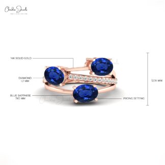 Split Shank Prong Set Ring With 7x5mm Blue Sapphire Gemstone And Diamond 14k Gold Ring