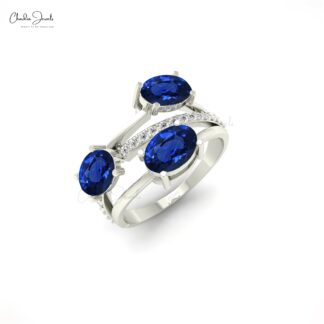 Split Shank Prong Set Ring With 7x5mm Blue Sapphire Gemstone And Diamond 14k Gold Ring