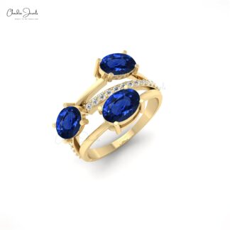 Split Shank Prong Set Ring With 7x5mm Blue Sapphire Gemstone And Diamond 14k Gold Ring