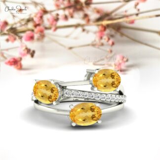 Split Shank Crossover Ring In 14k Solid Gold Citrine 7x5mm Oval Gemstone And Diamond Ring