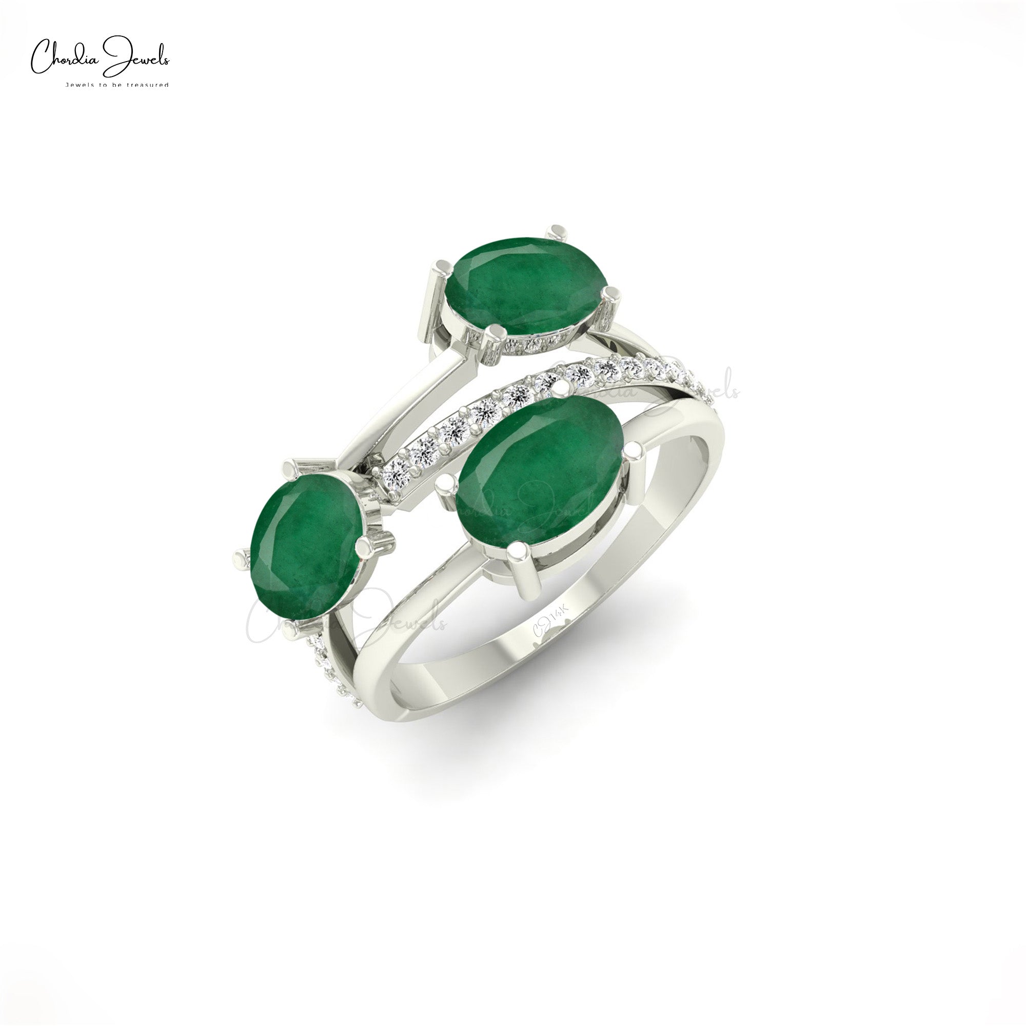 Split Shank Wedding Ring With 7x5mm Emerald And Diamond Crossover Rings in 14k Real Gold