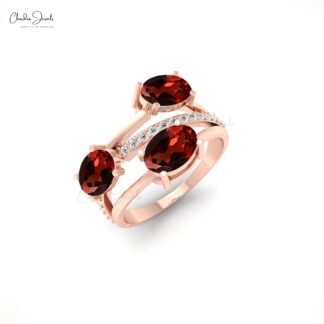 Three Stone Crossover Ring In 2.16 Ct Red Garnet With Diamond 14k Solid Gold Ring