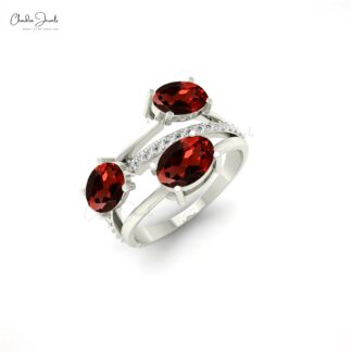 Three Stone Crossover Ring In 2.16 Ct Red Garnet With Diamond 14k Solid Gold Ring