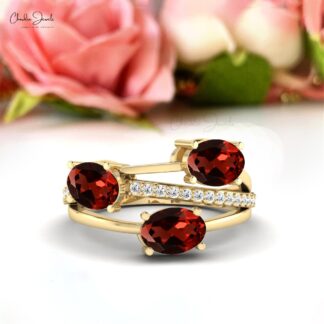 Three Stone Crossover Ring In 2.16 Ct Red Garnet With Diamond 14k Solid Gold Ring