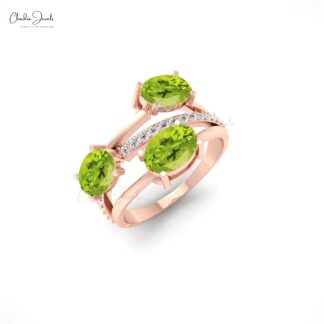 Split Shank 14k Solid Gold Ring With 7x5mm Green Peridot With G-H Diamond Women Ring