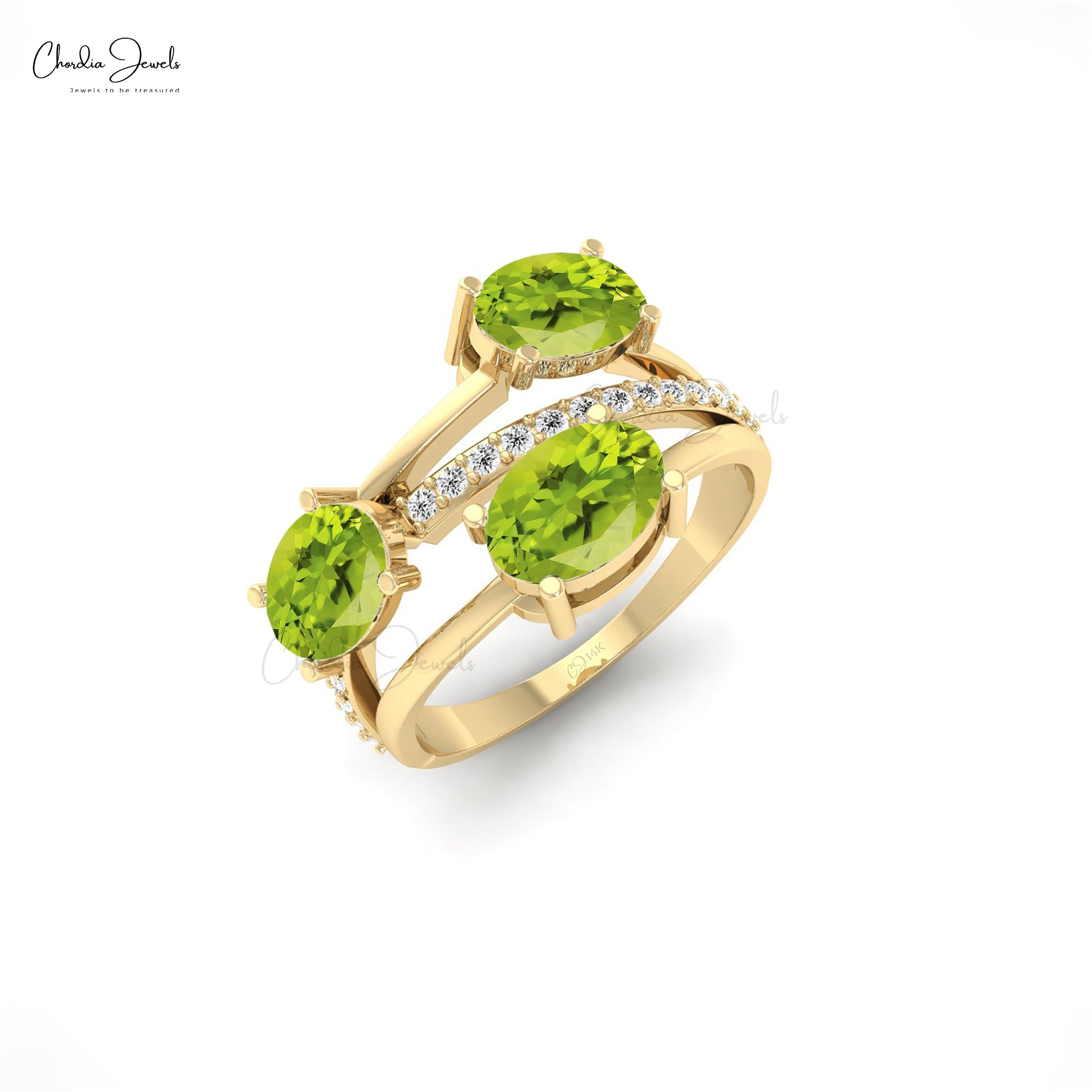 Split Shank 14k Solid Gold Ring With 7x5mm Green Peridot With G-H Diamond Women Ring