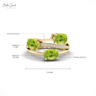 Split Shank 14k Solid Gold Ring With 7x5mm Green Peridot With G-H Diamond Women Ring