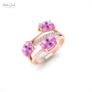 Three Stone 2.16 Ct Pink Sapphire14k Solid Gold And Diamond Crossover Ring