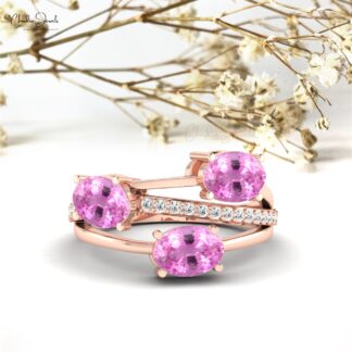Three Stone 2.16 Ct Pink Sapphire14k Solid Gold And Diamond Crossover Ring