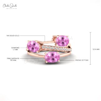 Three Stone 2.16 Ct Pink Sapphire14k Solid Gold And Diamond Crossover Ring