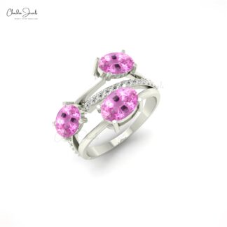 Three Stone 2.16 Ct Pink Sapphire14k Solid Gold And Diamond Crossover Ring