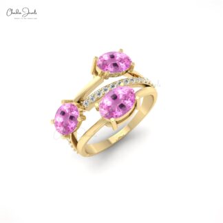 Three Stone 2.16 Ct Pink Sapphire14k Solid Gold And Diamond Crossover Ring