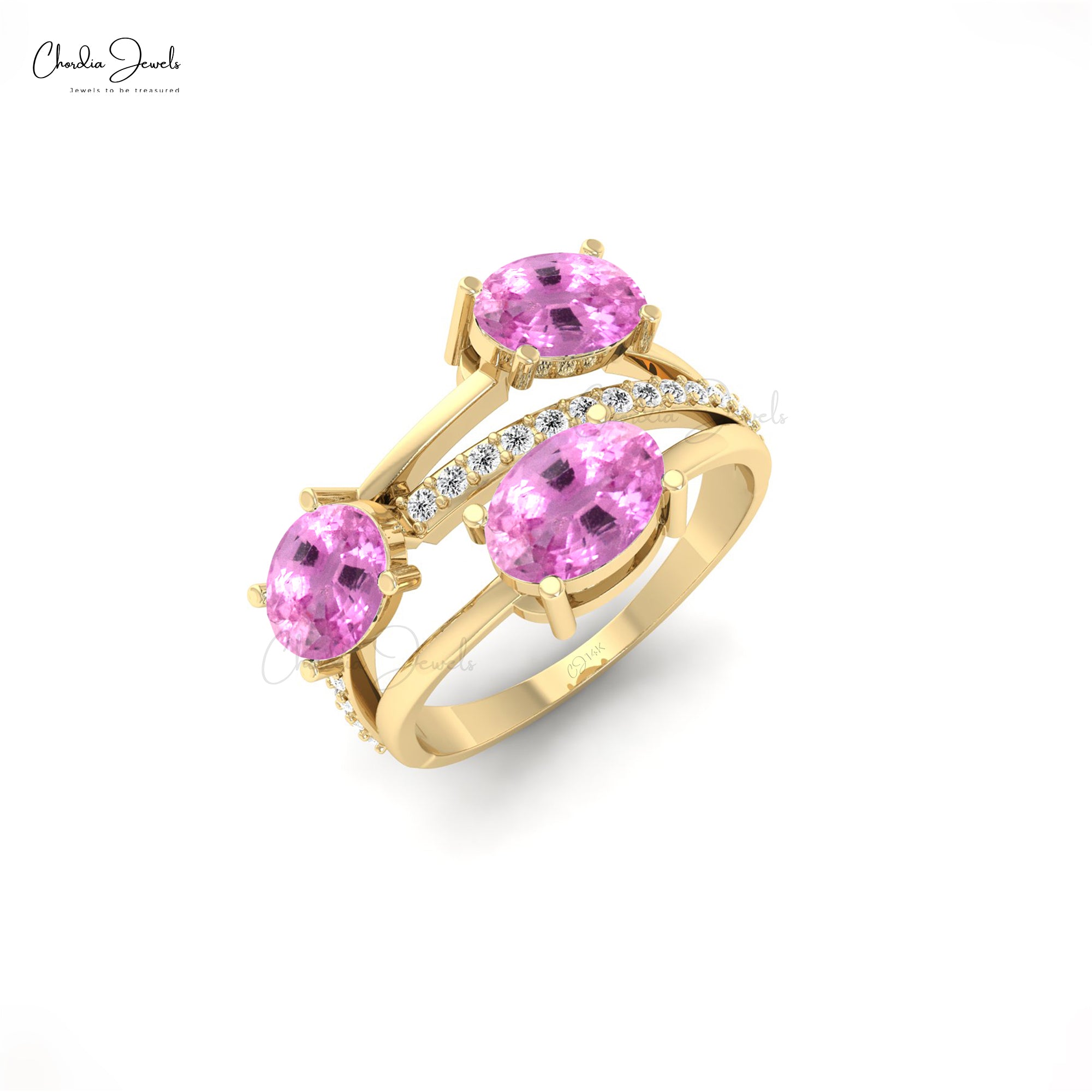 Three Stone 2.16 Ct Pink Sapphire14k Solid Gold And Diamond Crossover Ring