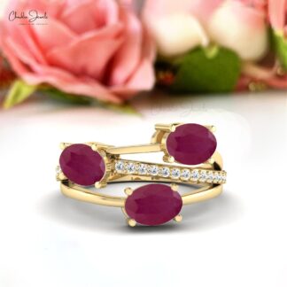 Solid 14k Gold Overlapping Ring With 7x5mm Trio Ruby With Diamond Split Shank Ring