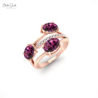 Real 14k Gold 3 Stone Ring With 7x5mm Oval Rhodolite Garnet And Diamond Split Shank Ring