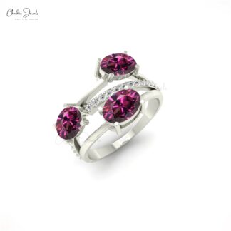 Real 14k Gold 3 Stone Ring With 7x5mm Oval Rhodolite Garnet And Diamond Split Shank Ring
