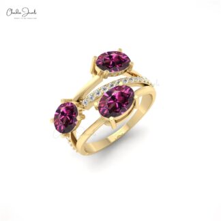 Real 14k Gold 3 Stone Ring With 7x5mm Oval Rhodolite Garnet And Diamond Split Shank Ring