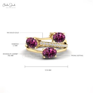 Real 14k Gold 3 Stone Ring With 7x5mm Oval Rhodolite Garnet And Diamond Split Shank Ring