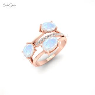 Statement Crossover Ring In 14k Solid Gold Moonstone With Dainty Diamond Rings For Her