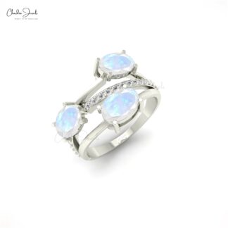 Statement Crossover Ring In 14k Solid Gold Moonstone With Dainty Diamond Rings For Her