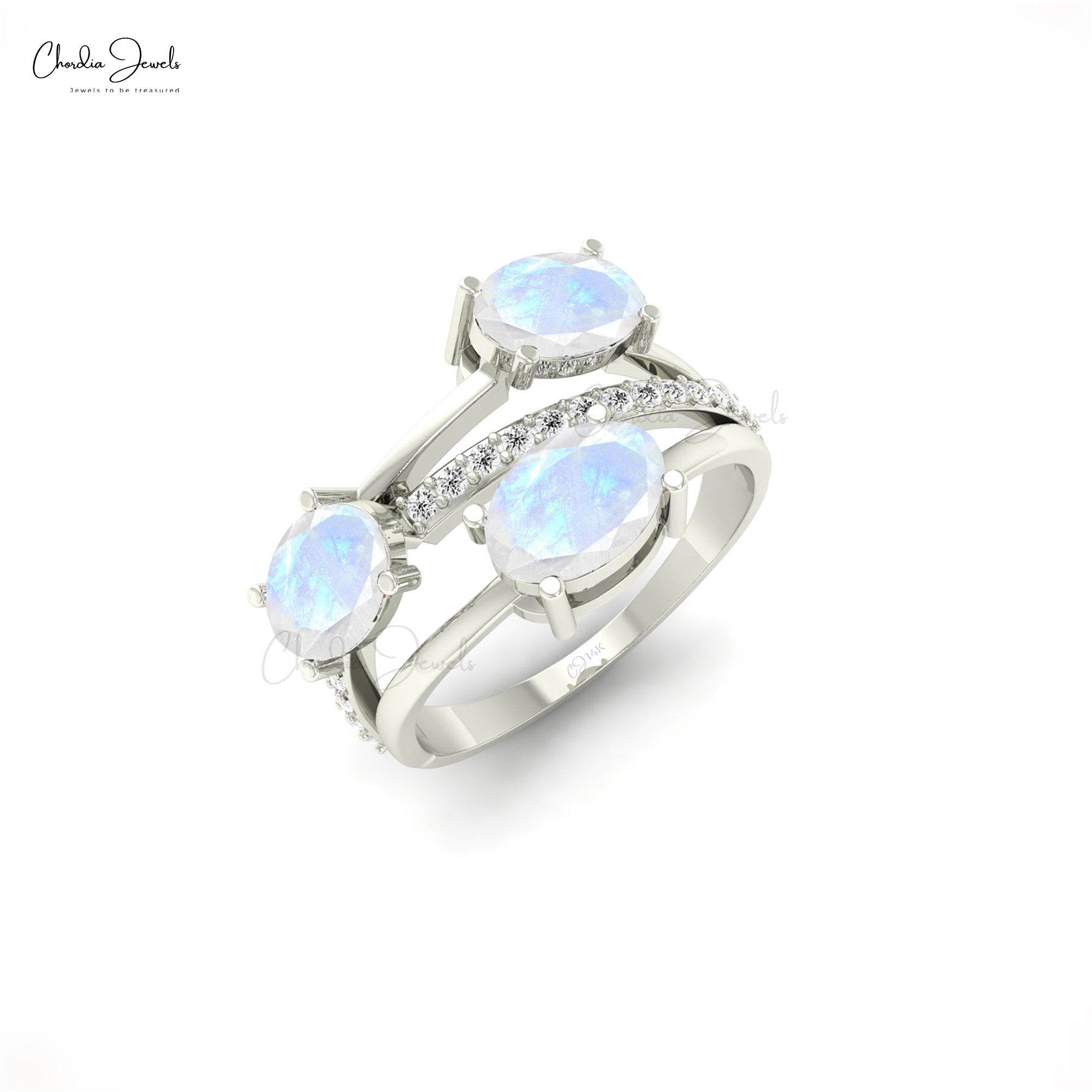 Statement Crossover Ring In 14k Solid Gold Moonstone With Dainty Diamond Rings For Her