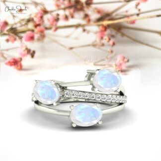 Statement Crossover Ring In 14k Solid Gold Moonstone With Dainty Diamond Rings For Her