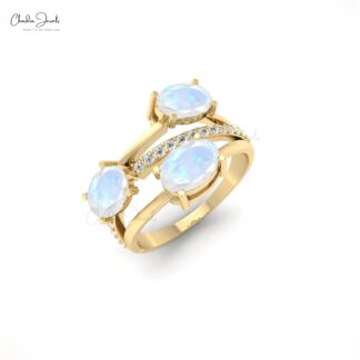 Statement Crossover Ring In 14k Solid Gold Moonstone With Dainty Diamond Rings For Her