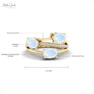 Statement Crossover Ring In 14k Solid Gold Moonstone With Dainty Diamond Rings For Her