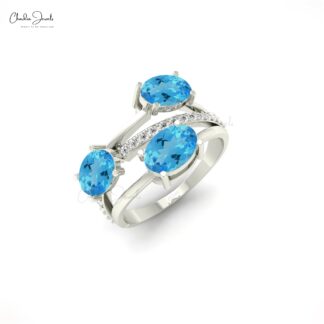 Crossover Real 14k Gold Ring With 2.16 Ct Swiss Blue Topaz Diamond Birthstone Ring