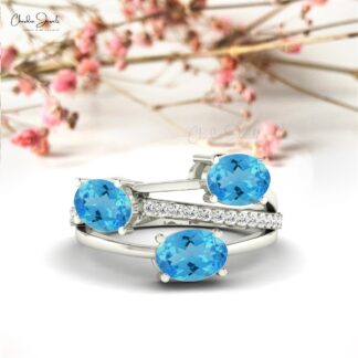 Crossover Real 14k Gold Ring With 2.16 Ct Swiss Blue Topaz Diamond Birthstone Ring