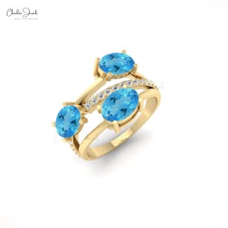 Crossover Real 14k Gold Ring With 2.16 Ct Swiss Blue Topaz Diamond Birthstone Ring